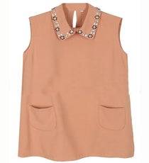 SheInside Nude Lapel Sleeveless Rhinestone Chiffon Blouse, $33.44, available at SheInside. sheinside