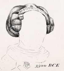Cornrows, Africa
From 3500 BC
The cornrow, a hairstyle in which small sections of hair are braided close to the scalp in rows, may be the oldest braiding style. In the 1950s, a French ethnologist and his team found a Stone Age rock painting in the Tassili Plateau of the Sahara. Dating back to 3500 BCE, it showed a woman with cornrows feeding her child from 3500 BCE. And, in a Nigerian clay sculpture from 500 BCE, a figure from the Nok civilization has cornrows etched onto its head.
Depending on the region and group from which it came, the style of the cornrow, from simple linear cornrows to complex geometric ones, helped to express the identity of its wearer: kinship, status, age, religion, and ethnicity. That's a lot to weave into one hairstyle. braids_1_ancientcornrow