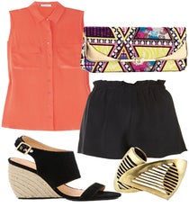 The Hottest Rezzie In Town
Scoring a table was hard work, but at least you can now dine in super-fun style. Pair night-out-appropriate shorts with a bold, patterned clutch and a statement cuff, and don't forget a sexy sandal. This outfit works just as well for date night as it does for dinner with the girls.
Equipment Signature Sleeveless Washed-Silk Shirt, $190, available at Net-a-Porter; Rebecca Minkoff Suri Wedges, $295, available at Rebecca Minkoff; H&M Clutch, $24.95, available at H&M; Topshop Silk Shorts by Boutique, $80, available at Topshop; Dannijo Minetta Cuff, $320, available at Dannijo. hottestreservation-copy