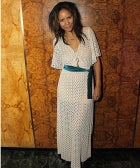 la street style white sheer dress green belt
