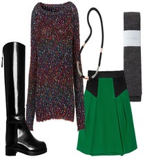 Volume + Volume — It's possible to go big on bottom as well, as long as you're able to keep your waist cinched. Wearing a skirt in a thick fabric will allow you to tuck in a slouchy sweater.
Alejandro Ingelmo Shoe, $1,050, available at Alejandro Ingelmo; Nektar De Stagni Necklace, $320, available at Marissa Collections; Topshop Knitted Bobble Jumper, $100, available at Topshop; Milly Flared Skirt, $290, available at Net-a-Porter; Hansel From Basel Tights, $36, available La Garconne.
05