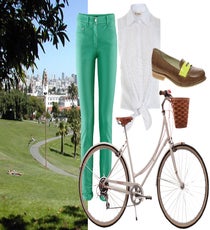 Pedal Power
It’s no secret that we’re mega fans of local cycle company PUBLIC Bikes’ pretty pedals. So, we’re going to throw this out there: Why not roll up to Dolores Park in style on one of their hyper-hued two-wheelers? And while you’re at it, pair your spokes with these green H&M pants, a white doily-esque top, and neon-and-neutral loafers. Voilà, you’ve got yourself a winning spring get-up.
H&M Green Pants, $25, available at H&M; Miss Selfridge White Broderie Tie Shirt, $50, available at Miss Selfridge; ASOS MECCA Leather Loafer With Neon Flash, $47, available at ASOS; PUBLIC Bikes C7 9th Avenue with Brooks Seat Basket, $795, available at PUBLIC Bikes. Get it now with Refinery29 Reserve.
Photo: Via Dolores Park Works dolores park outfits