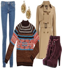 Embrace the old-school effect of your ugly sweater and glam it up with timeless pieces that you could definitely find in your mom's closet. Finish the look off with your favorite pair of jeans and a pair of killer booties.Clockwise from top left: Acne Kex Jeans, $126.50, available at The Outnet; Banana Republic Flower Drop Earrings, $35, available at Banana Republic; Dorothy Perkins Khaki Trench Coat, $89, available at Dorothy Perkins; Proenza Schouler Suede Lace Up Platform Ankle Boots, $698, available at MyTheresa; Weinstock's Mock Turtleneck, $60, available at R29 Shops.
slide_4