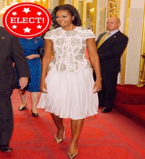 Taking risks with silhouettes is one of Michelle Obama's greatest strengths — we've seen her try halter necklines, midi-skirts, skinny jeans, and asymmetric dresses, to name just a few — and we have to applaud her willingness to experiment. She sported this structured jacket-and-skirt J. Mendel number for a visit to Buckingham Palace, and we swooned.
Photo: RexUSA 01_elect_silhouette