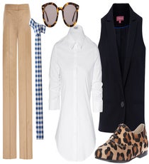Tinseltown Tomboy — Annie Hall, this one's for you! We can't do a tomboy story without referencing one of our favorite icons. Do it up modern style with patterned oxfords, thick-rimmed sunglasses, and a slim-fit vest.Clockwise from top left: MaxMara Pescia Trousers, $305, available at Matches; The Hill-Side Indigo Herringbone Check Tie, $69, available at Steven Alan; Karen Walker Super Duper Strength Sunglasses, $250, available at La Garconne; Steffen Schraut White Claudine Smoke Sleeve Shirt, $160, available at Stylebop; The Department Tailored Waistcoat, $51.20, available at House of Fraser; Just Ballerinas Leopard Print Jazz Shoe, $234.52, available at Farfetch.
tomboy-6