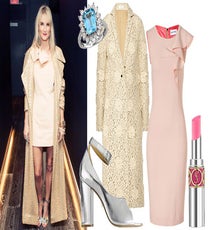 Brenna Egan, Los Angeles editor
If your holiday party is going down at a hot spot (like R29's!), you'll want to turn up the glam factor. A showstopping dress is a great start, but don't be afraid to go glitzy with your outerwear, too. Brenna's killer look proves you can be feminine when it's rage-time, too.
Kohl's Sterling Silver Blue Topaz and Diamond Accent Ring, $80, available at Kohl's; 3.1 Phillip Lim High-Heeled Sandal, $665, available at The Corner; Chloé Lace-Effect Macramé Coat, $1,722, available a Net-A-Porter; Emilio Pucci Colonial Rose Wool Sheath Dress, $1,495, available at Stylebop; Yves Saint Laurent Volupté Sheer Candy Glossy Balm Crystal Color, $30, available at Sephora. brenna