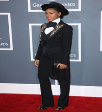 Janelle Monae
We have to admit, we were sort of hoping to see one of the new YSL suits on Janelle Monae. Though a Slimane creation seems practically made for her, the singer went for a slightly more retro option with an embroidered Moschino jacket and a Ralph Lauren topper. Hey, if we looked this good in a tux, we'd wear one 24/7, too!
Photo: Jim Smeal/BEImages Janelle Monae - Grammys 2013