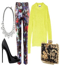 Party Animal — For evening soirees, it's totally cool to wear a sweater, as long as it's in a bright, poppy color. Wear it with cropped trousers in a luxurious fabric and lots of blingy accessories.
Juicy Couture Rhinestone Necklace, $198, available at Juicy Couture; Saint Laurent Tuxedo Pump, $685, available at YSL; H&M Floral Trousers, $34.95, available at H&M; Acne Yellow Waffle Sweater, $270, available at My Wardrobe; River Island Box Clutch, $48, available at River Island.
04
