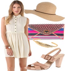 Drinks Alfresco
A simple shirtdress gets a helping hand from fun accessories. Keep your hat and shoes in sweet shades of neutral and blush, but don't be afraid of a bold, fun bag. Perfect for warm weather, this look begs to be donned on a Chicago patio in good company.
MINKPINK Innocence Lost Dress, $90, available at Shopbop; Forever 21 Braided Trim Straw Hat, $12.80, available at Forever 21; Ecote Retro Tide Clutch, $42, available at Urban Outfitters; Bauble Bar Gold Plume Cuff, $38, available at Bauble Bar; J.Crew Sydney Patent Sandals, $228, available at J.Crew. drinks-copy
