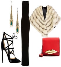 Black Tie — Keep it classy with a chic floor-length dress and luxe fur shawl, but don't forget to add a sexy, strappy shoe and a cheeky wink (hello, red, lipped clutch!).
Clockwise from bottom left: Alejandro Ingelmo Shoes, $1,295, available at Alejandro Ingelmo; Jené DeSpain Earrings, $76, available at R29 Shops; Topshop Dress, $110, available at Topshop; Vintage Fox Cape Collar, $90, available at R29 Shops; Diane von Furstenberg Bag, $303.60, available at my-wardrobe.com.
Ys4Nh5Fye2px63suYZvFaBLfcY0DnmlvaZKjcV-uQ_g