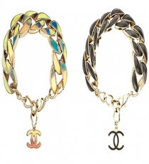 Refined link bracelets with an undersea, iridescent sheen.
Chanel Double C bracelets, available in Chanel stores.
Chanel-11