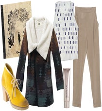 Sigur Ros
We're excited to see this Icelandic group belt out live tunes steeped in otherworldliness. On Saturday night, take this nature-laden outfit to the Sigur Ros stage with a bold graphic tank and muted khakis. And just how outdoorsy-chic would you look stomping about in these suede desert booties? To keep you warm, throw on this shearling coat that doubles as a blanket! Now to bring you back to earth, slather on feathery-light Laura Mercier Tinted Moisturizer with SPF 20 to protect your face.
Clockwise from left: Jasper & Jeera Yuma Booties, $148, available at Anthropologie; QSW Beach Blanket Coat, $84, available at Quiksilver; Laura Mercier Tinted Moisturizer SPF 20, $43, available at Nordstrom; Uzi Tank in White Navy Disco, $84, available at Madewell; 3.1 Phillip Lim Casual Pants, $475, available at The Corner.
Album Art: Via Amazon sigurRos